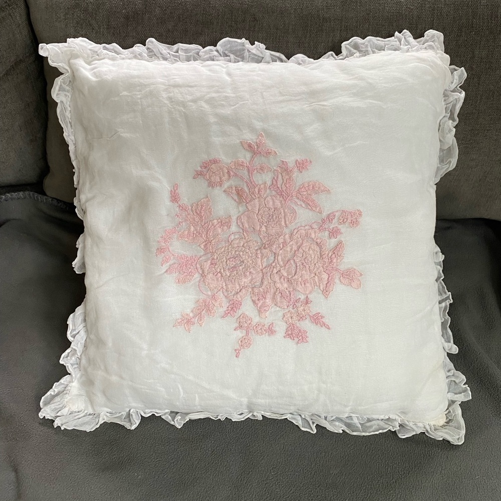 Lauren Ralph Lauren embroidered appliqué, pink rose, cotton, ruffled pillow